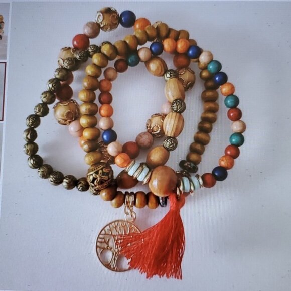 BOHO wooden beaded charm bracelet tree of life with tassel - Picture 2 of 5